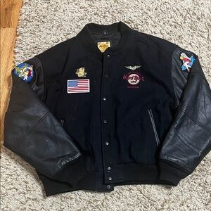 Hard Rock Cafe Black Bomber Jacket with Leather Sleeves